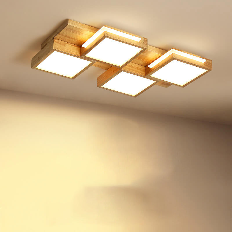 Nordic Simple Solid Wood Square LED Flush Mount Light