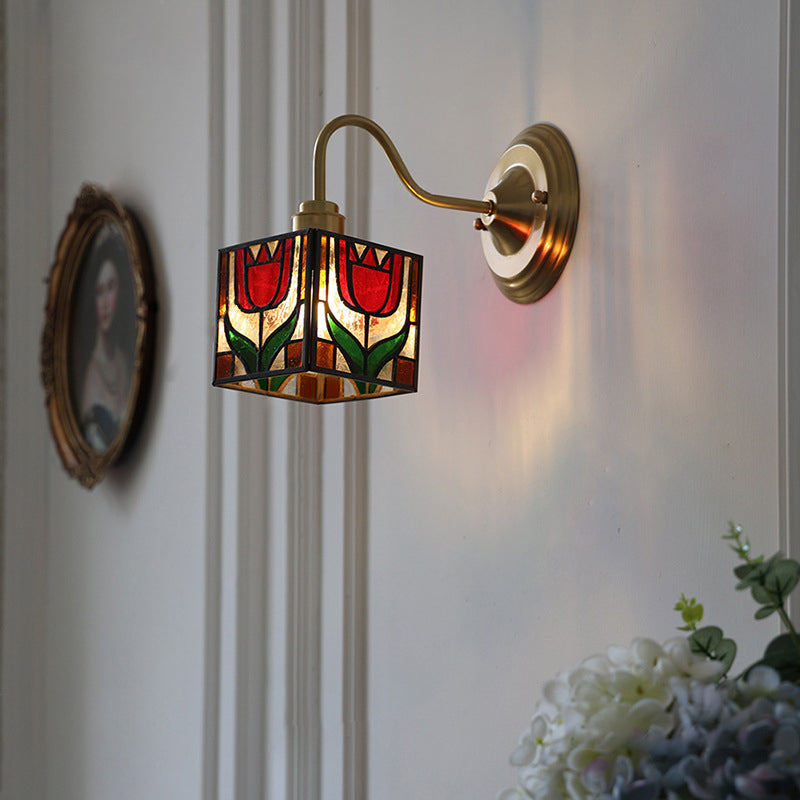 Traditional Vintage Square Rubik's Cube Tulip Brass Glass 1-Light Wall Sconce Lamp For Living Room