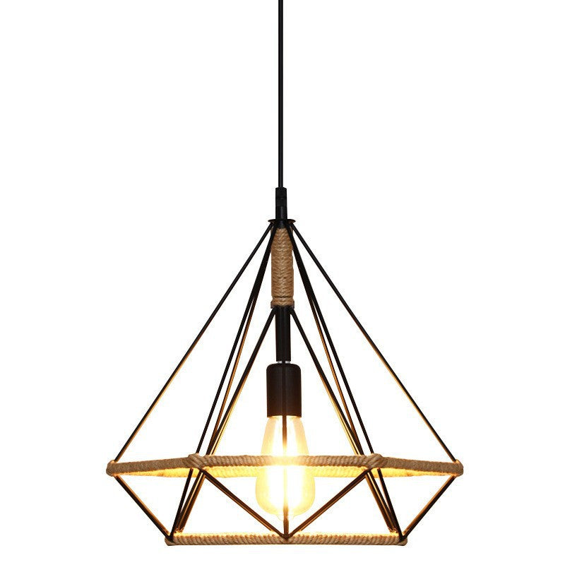 Contemporary Retro Iron Hemp Rope Simulated Greenery Diamond Sakura Leaf 1-Light Pendant Light For Dining Room