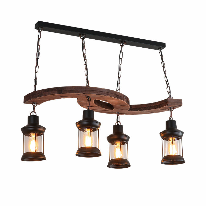 Traditional Japanese Wood Double Moon Design Iron Glass Bottle Shade 4-Light Island Light Chandelier For Dining Room