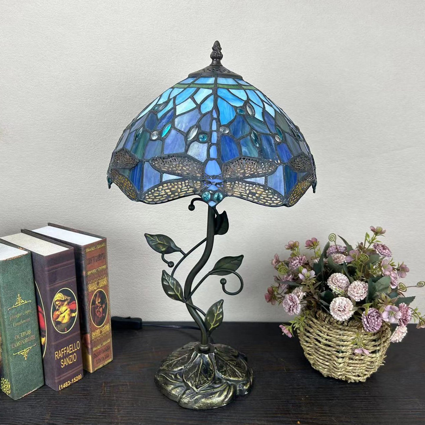 Traditional Tiffany Resin Glass Dome Conic Flower Leaf 1-Light Table Lamp For Bedside