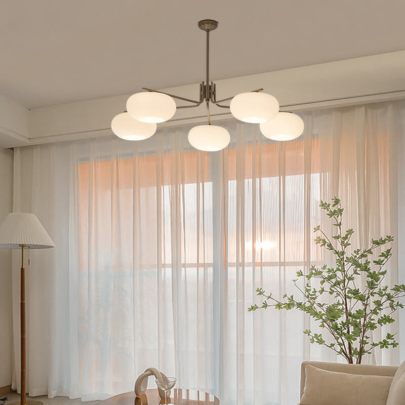 French Minimalist White Dome Glass Shade 5-Light Chandelier