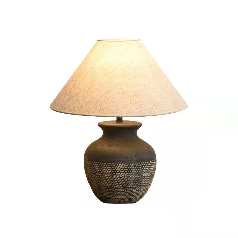 Traditional Japanese Vintage Cone Fabric Round Ceramic Jar Base 1-Light Table Lamp For Bedroom