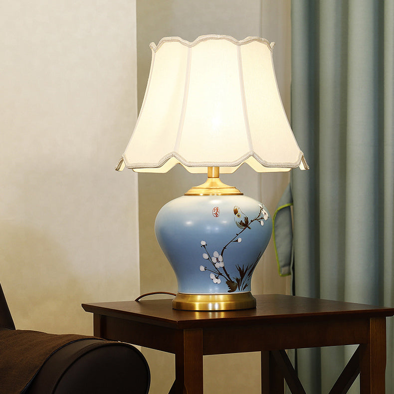Traditional Chinese Plum Blossom Cylindrical Copper Ceramic Fabric 1-Light Table Lamp For Bedroom