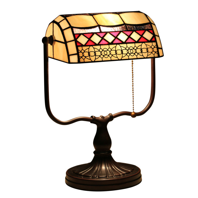 Traditional Tiffany Geometric Stained Glass Bank Pull Cord 1-Light Table Lamp For Home Office