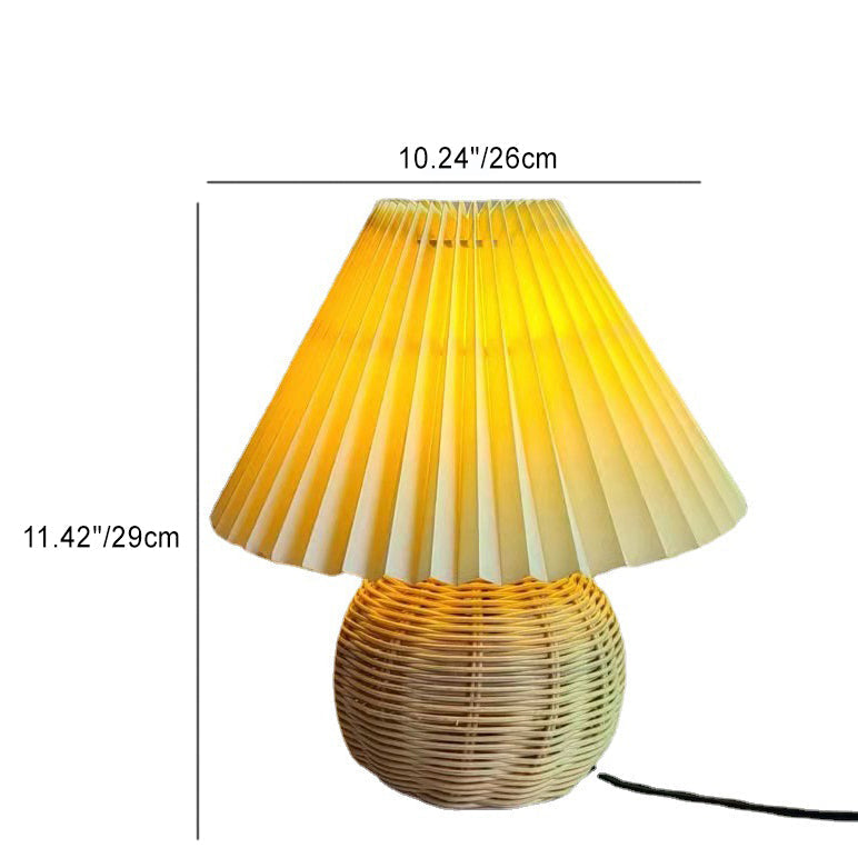 Traditional Vintage Round Pleated Bamboo Fabric 1-Light Table Lamp For Bedroom