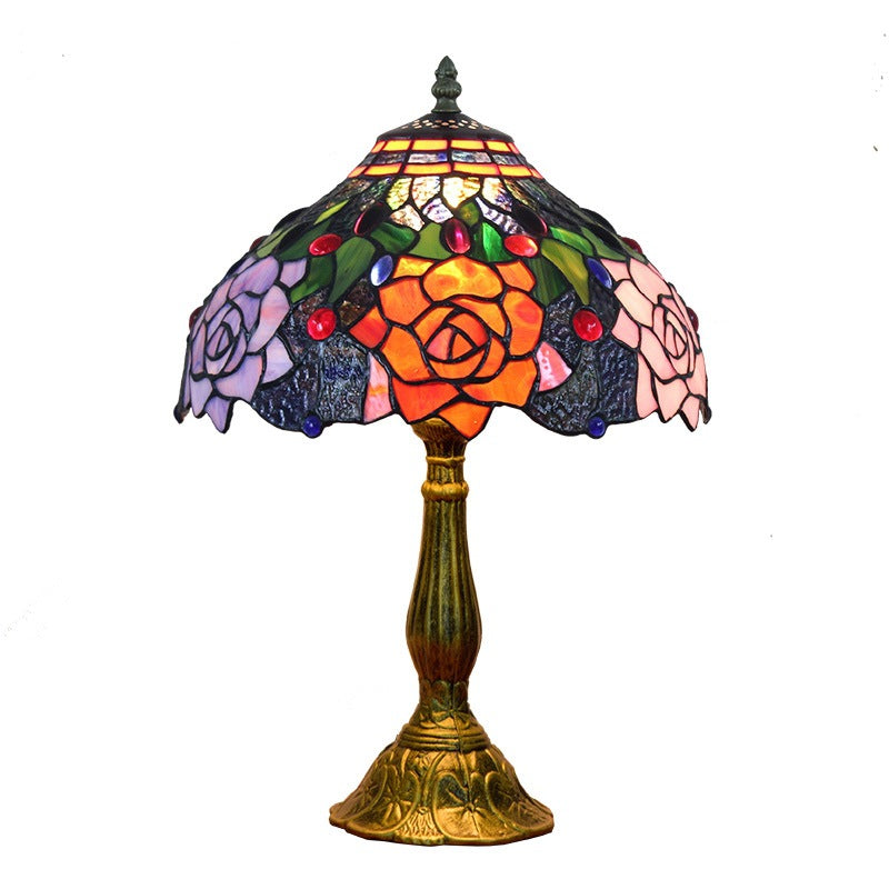 Traditional Tiffany Stained Glass Rose Shade Aluminum Alloy Base 1-Light Table Lamp For Study