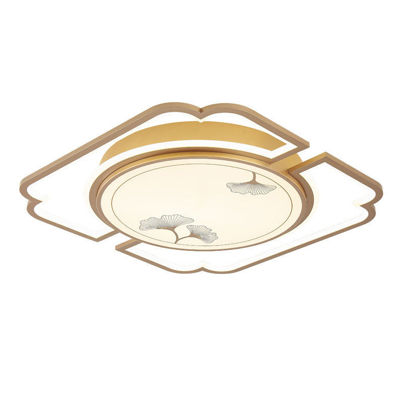 Traditioanl Chinese Iron Aluminum Acrylic Round Rectangular Square Ginkgo Leaf LED Semi-Flush Mount Ceiling Light For Living Room