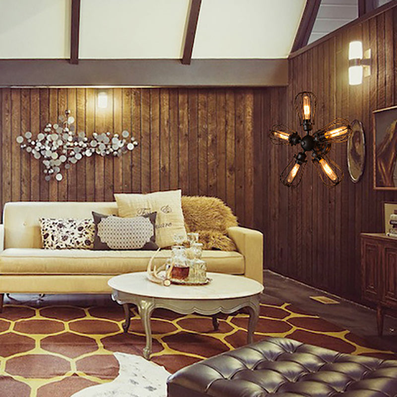 Contemporary Industrial Iron Frame Round Shade 5-Light Semi-Flush Mount Ceiling Light For Living Room