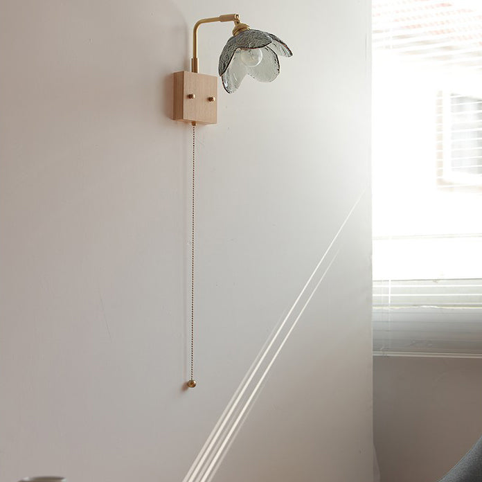 Traditional Japanese Wood Brass Glass Flower Hemispheric Pull Cord 1-Light Wall Sconce Lamp For Bedside