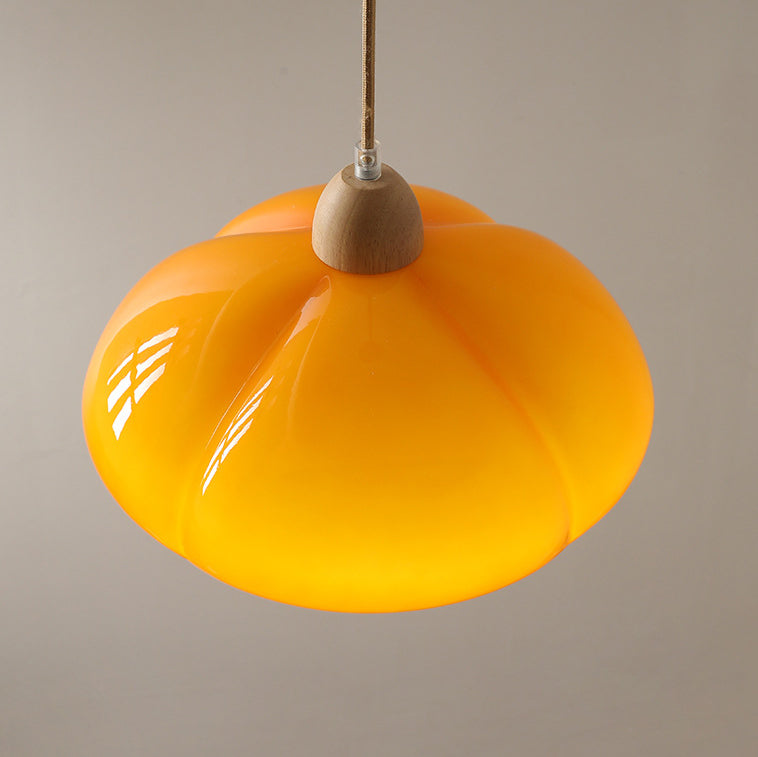 Contemporary Vintage Glass Pumpkin Shade Wood 1-Light Pendant Light For Living Room
