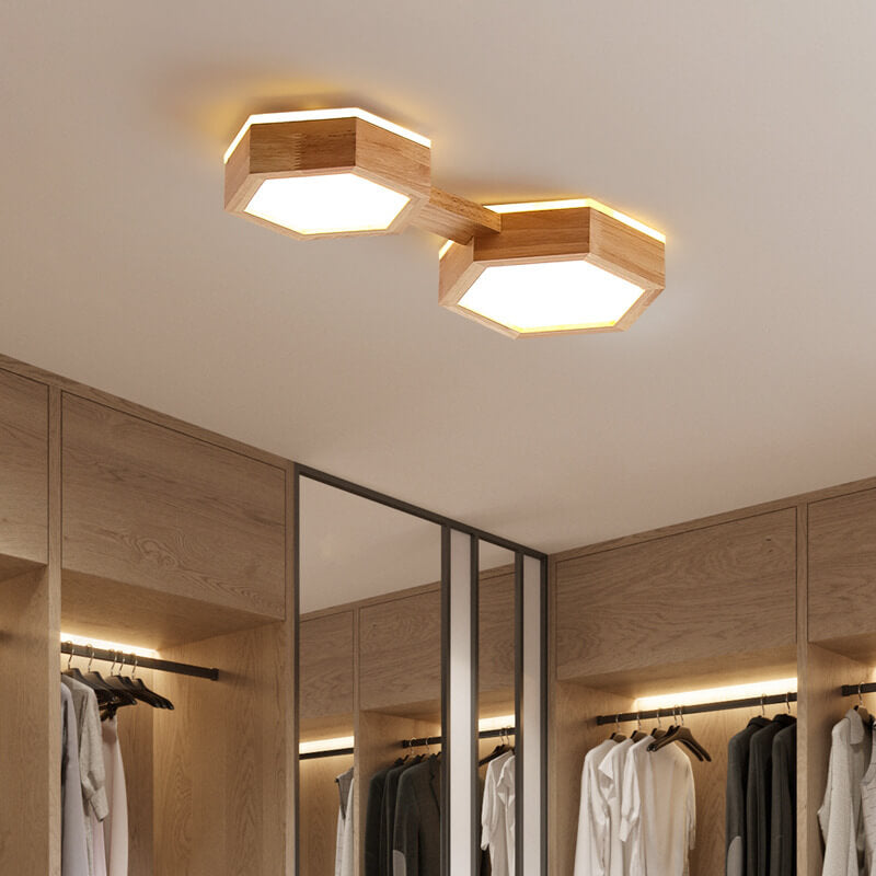 モダンでシンプルな木製六角形幾何学LEDフラッシュマウントシーリングライト