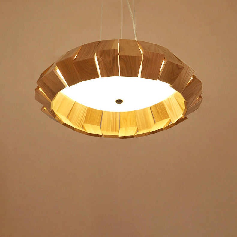 Contemporary Scandinavian Round Flying Saucer Wood Glass LED Chandelier For Living Room