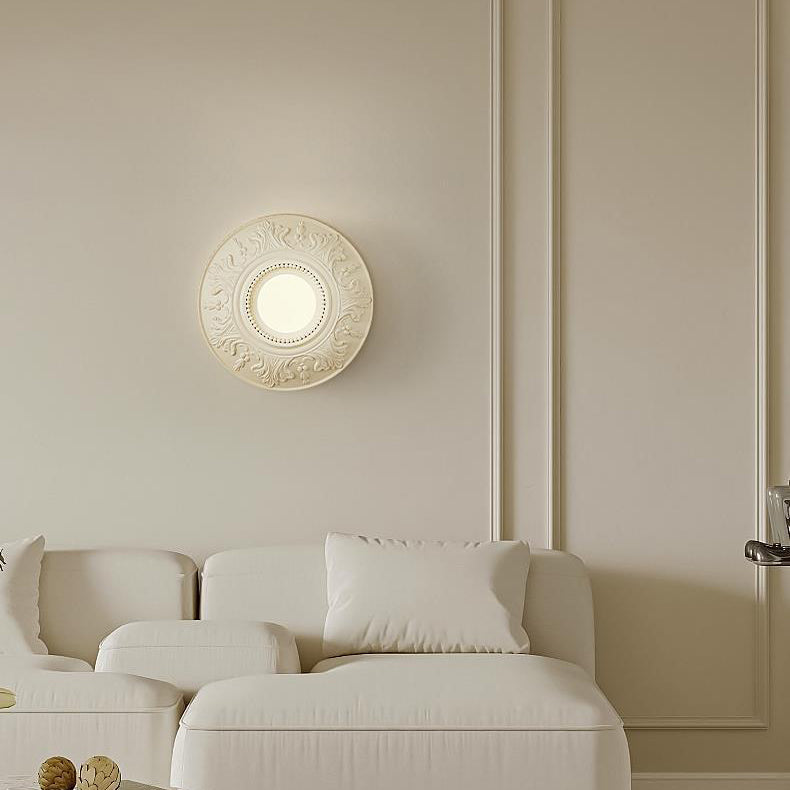 Traditional French Round Relief Resin Glass 1-Light Wall Sconce Lamp For Hallway