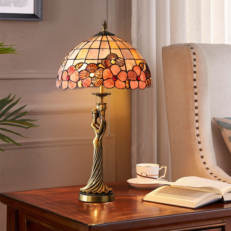 Tiffany Copper Goddess Statue Base Shell Decoration 2-Light Table Lamp