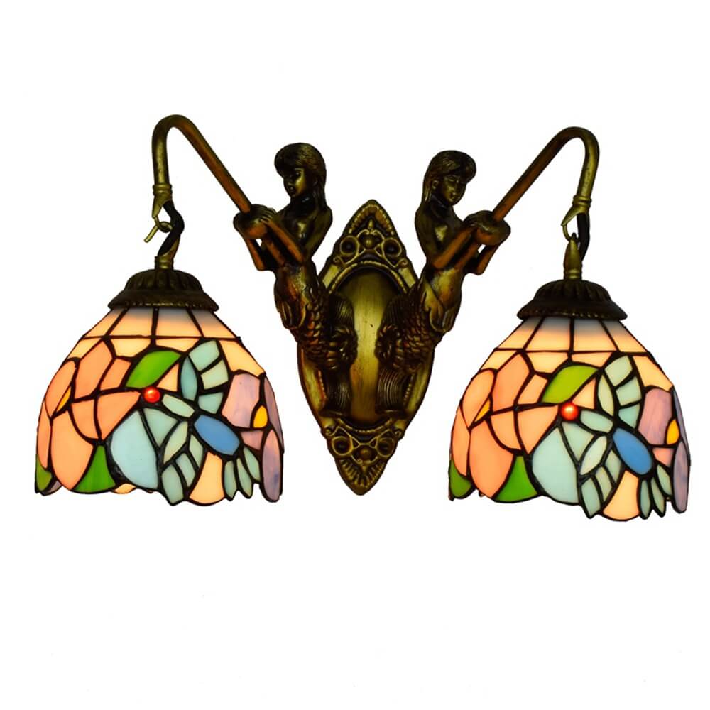 European Tiffany Mermaid Stained Glass 2-Light Wall Sconce Lamp