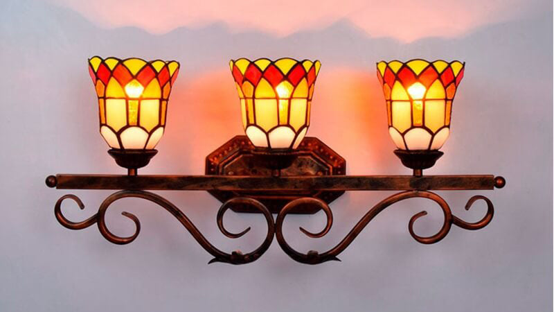 Traditional Tiffany European Vintage Stained Glass Mirror Front Light 3-Light Wall Sconce Lamp