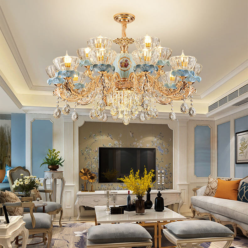 Traditional European Flower Candelabra Zinc Alloy Crystal Glass Ceramic 6/8/10/12 Light Chandelier For Living Room