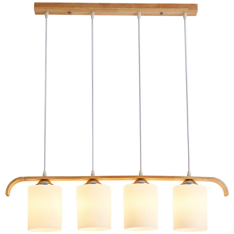Contemporary Scandinavian Long Cylinder Glass Wood 4-Light Island Light Chandelier For Living Room