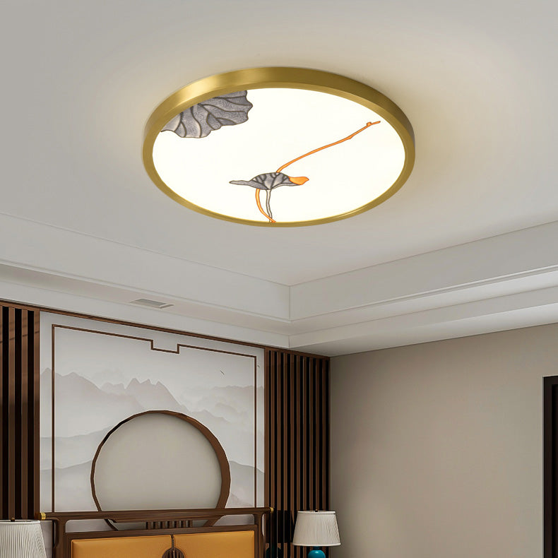 Traditional Chinese Copper Acrylic Round Lotus Bamboo Ginkgo Leaves LED Flush Mount Ceiling Light For Living Room