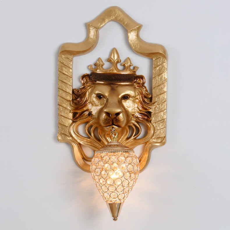 Vintage Lion Head Lantern Resin Crystal 1-Light Wall Sconce Lamp
