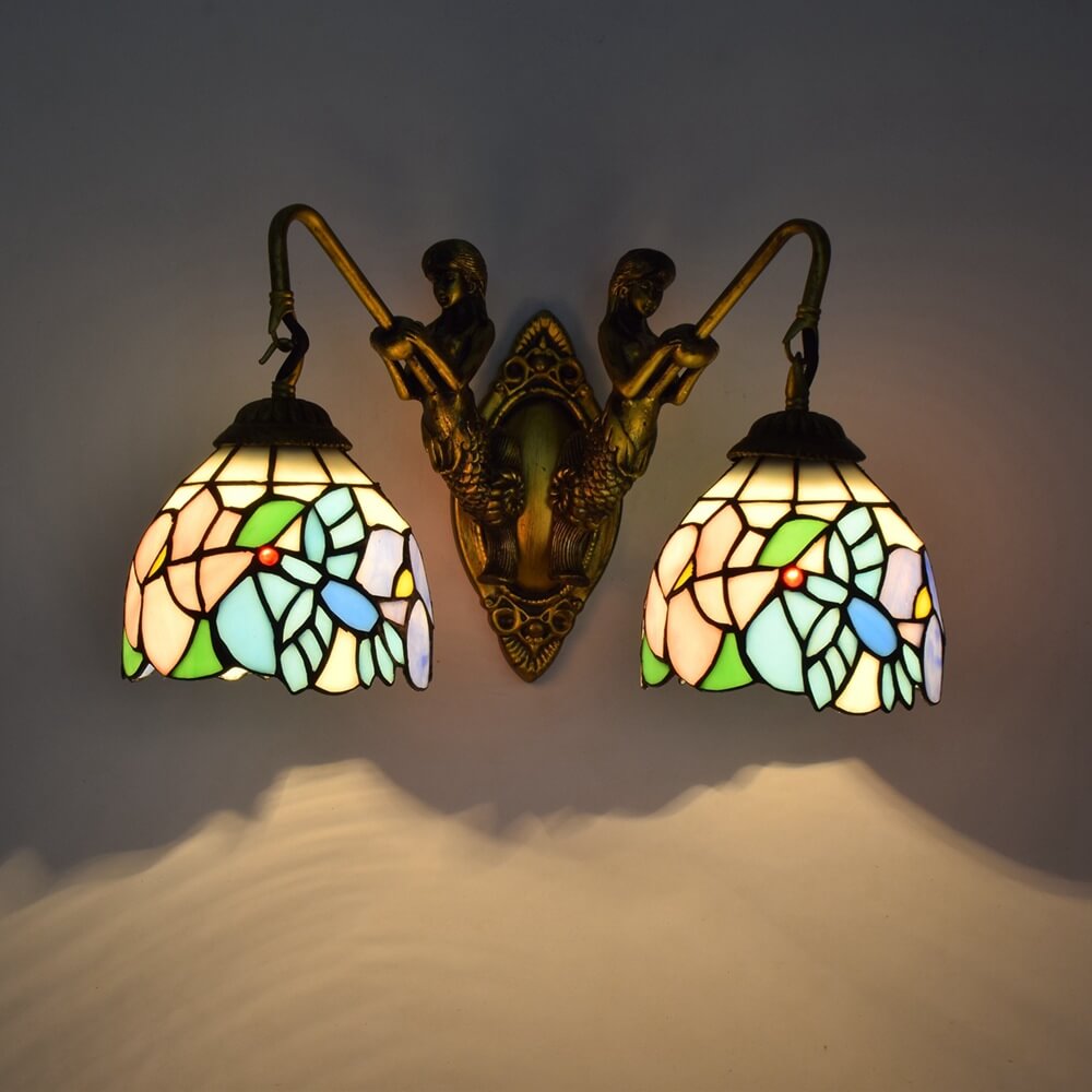 European Tiffany Mermaid Stained Glass 2-Light Wall Sconce Lamp