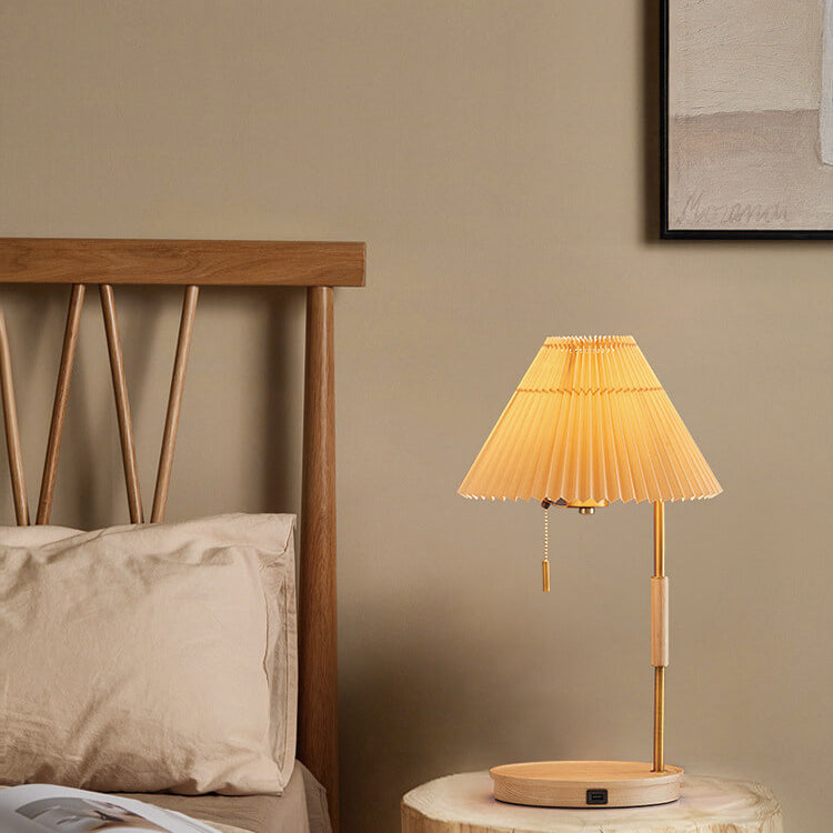Modern Pleated Shade Walnut Wood Round Base 1-Light Table Lamp