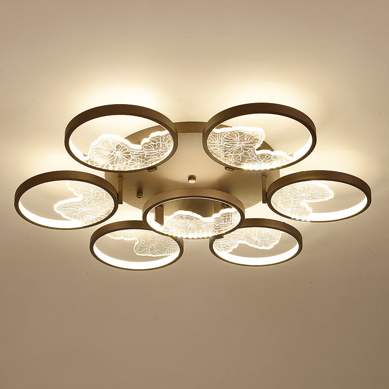 Traditional Chinese Zen Iron Round Frame Acrylic Flower Pattern LED Semi-Flush Mount Ceiling Light For Living Room