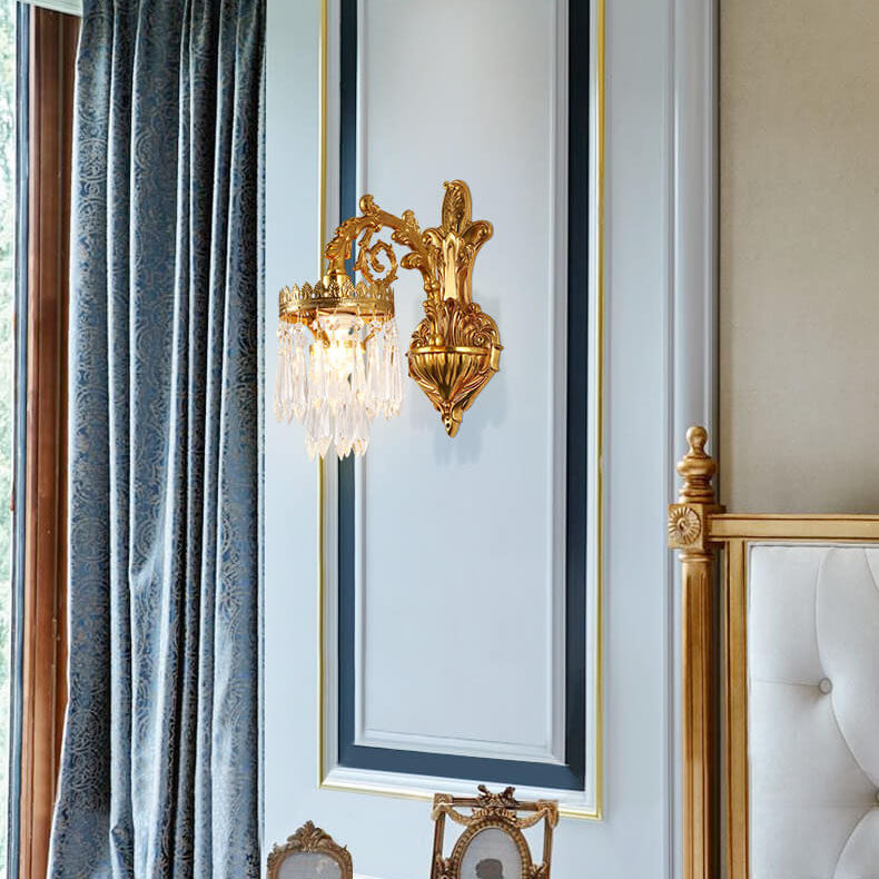 French Luxury Crystal Copper Carving 1/2 Light Wall Sconce Lamp