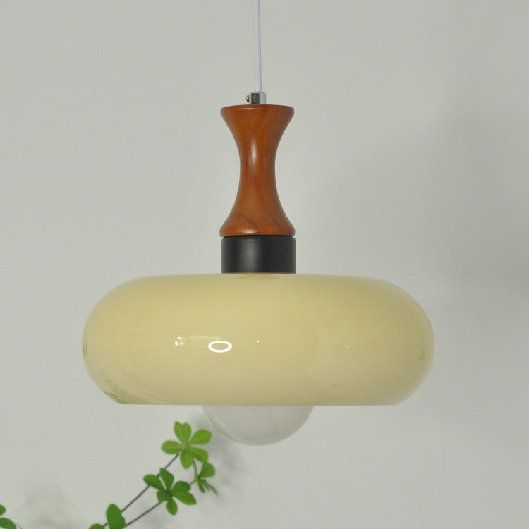 Traditional Vintage Wood Glass Round 1-Light Pendant Light For Dining Room