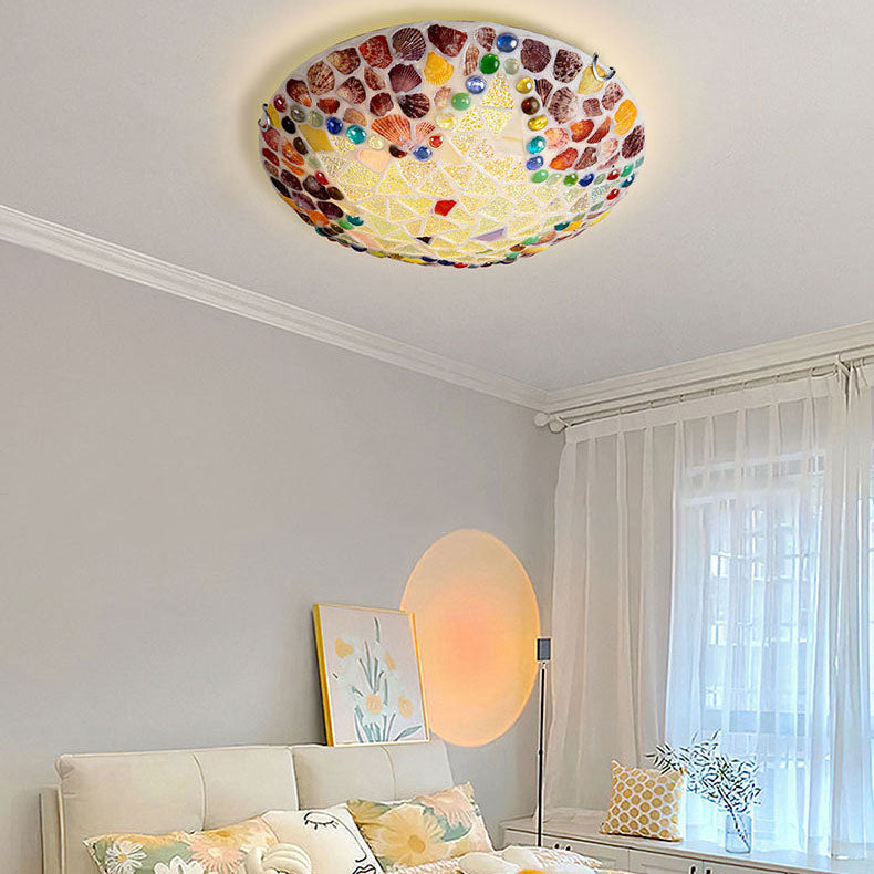 European Rustic Tiffany Hardware Glass Shell 1-Light Flush Mount Lighting