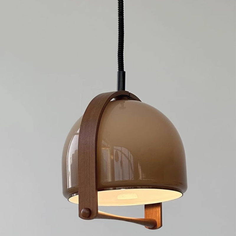 Traditional Japanese Telescopic Wood Amber Round Glass 1-Light Pendant Light For Dining Room