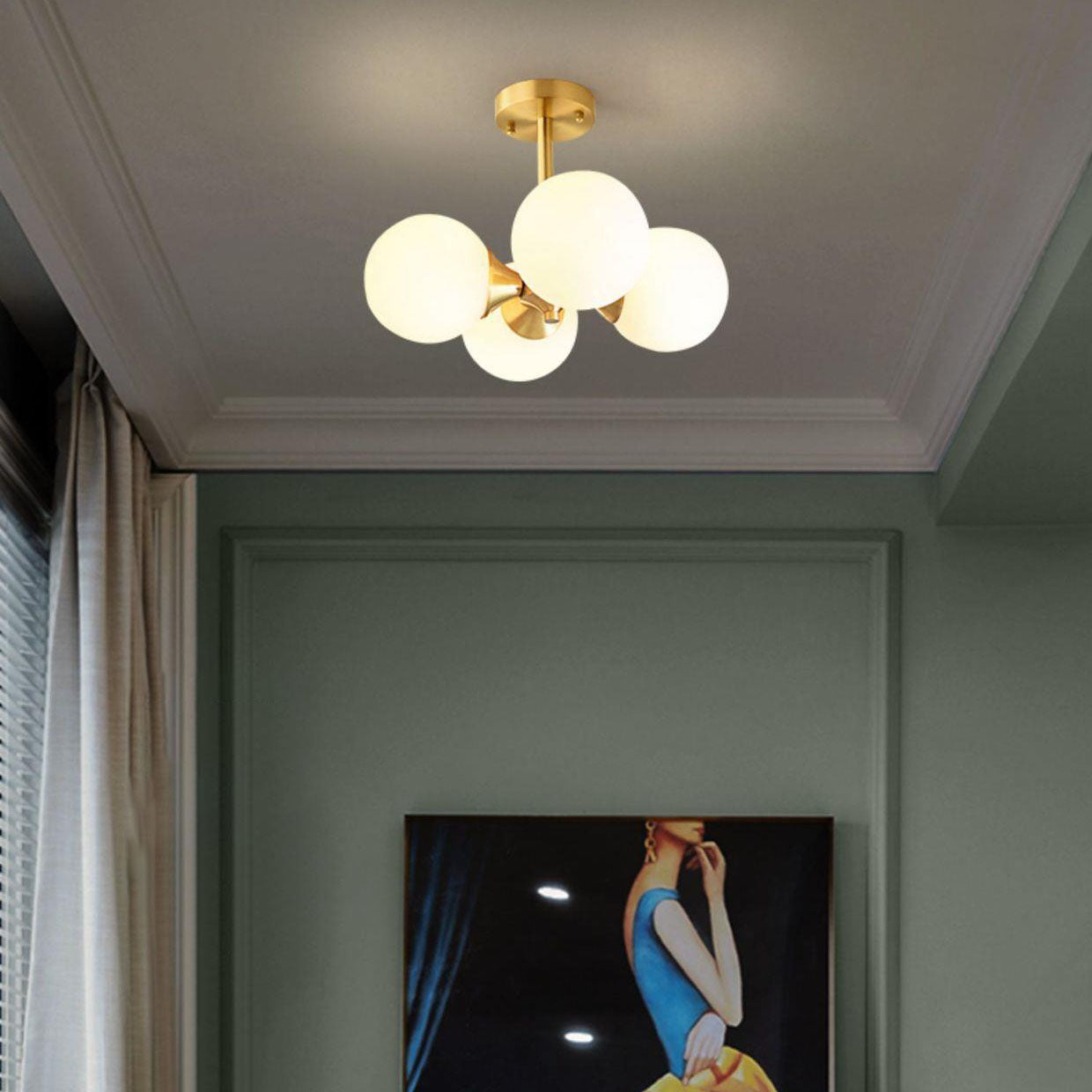 Modern Mid-Century Gold Finish Frame Glass Globe Ball 4-Light Chandelier For Living Room