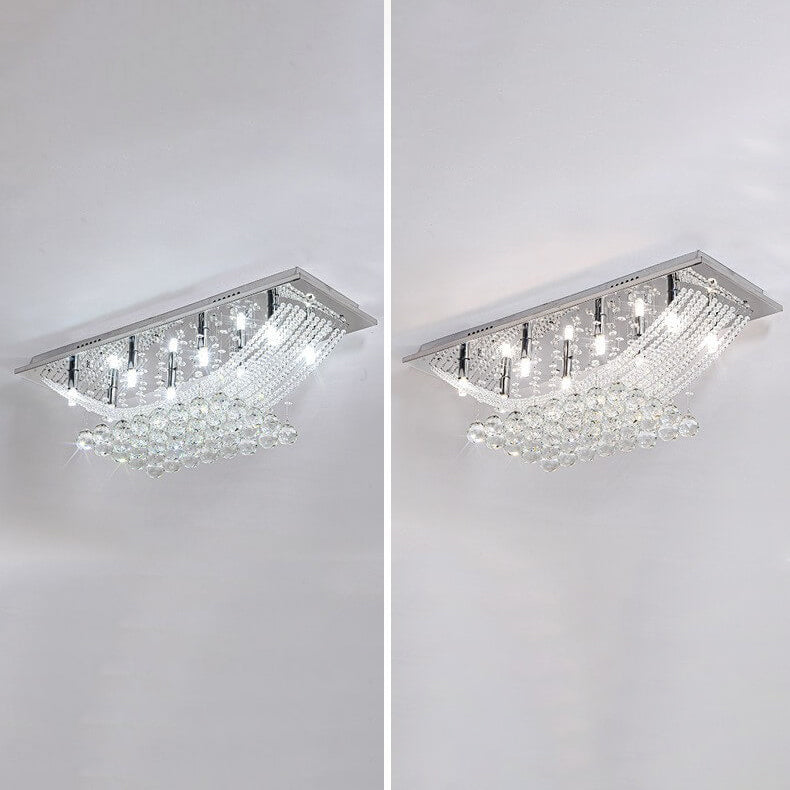 European Luxury Crystal Bead Curtain Rectangular Stainless Steel 8-Light Flush Mount Ceiling Light