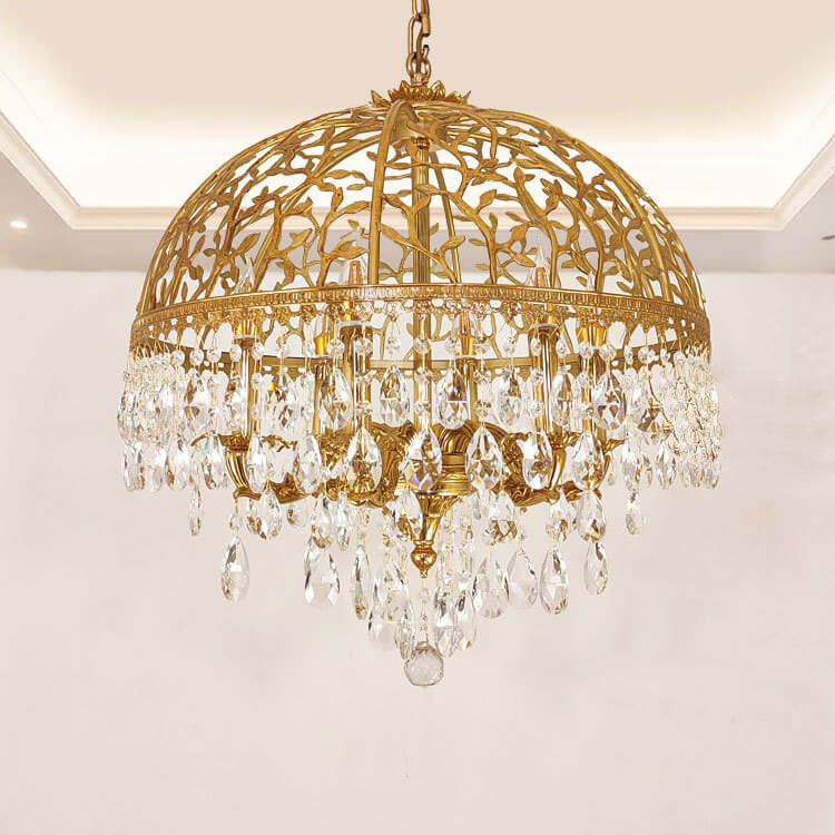 European Luxury Brass Carved Crystal Dome 6/8 Light Chandelier