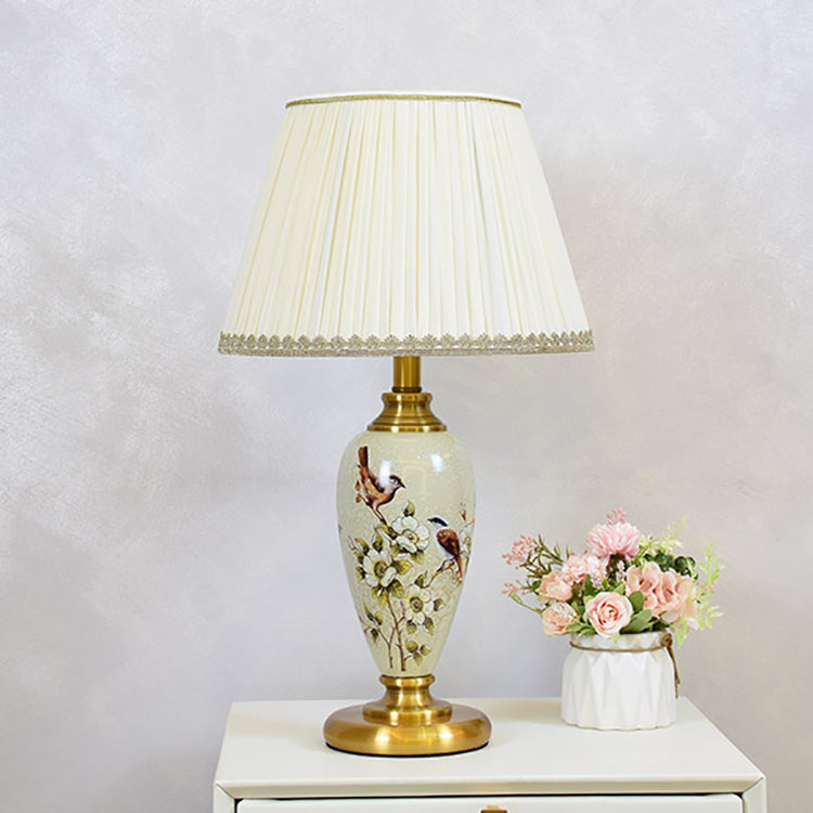 Traditional Chinese Bird And Flower Cylinder Hardware Ceramic Fabric 1-Light Table Lamp For Bedroom