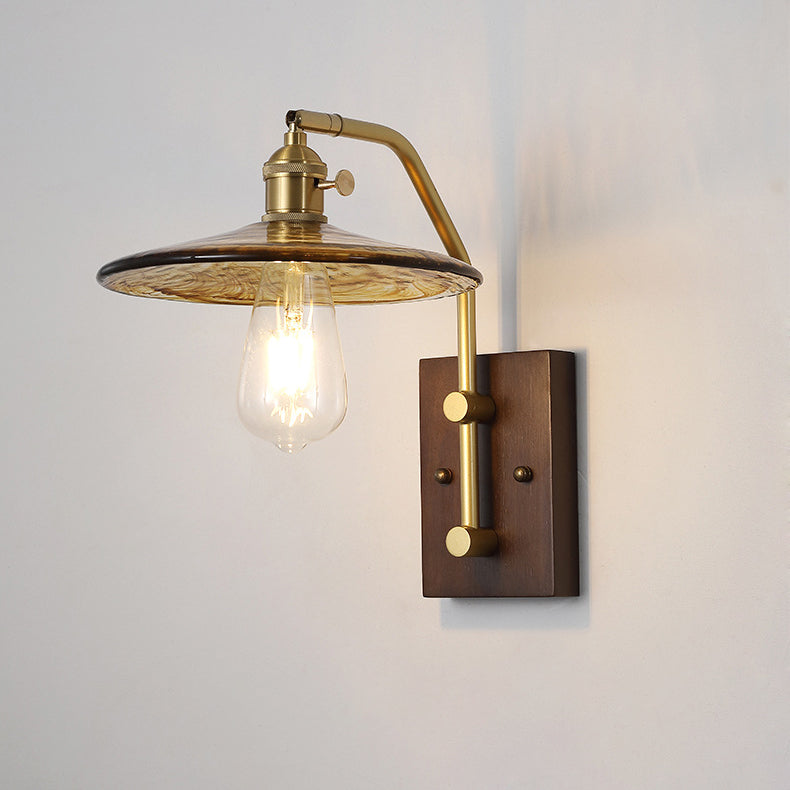 مصباح حائط دائري تقليدي عتيق مصنوع من الخشب والحديد والزجاج مزود بإضاءة واحدة لغرفة النوم