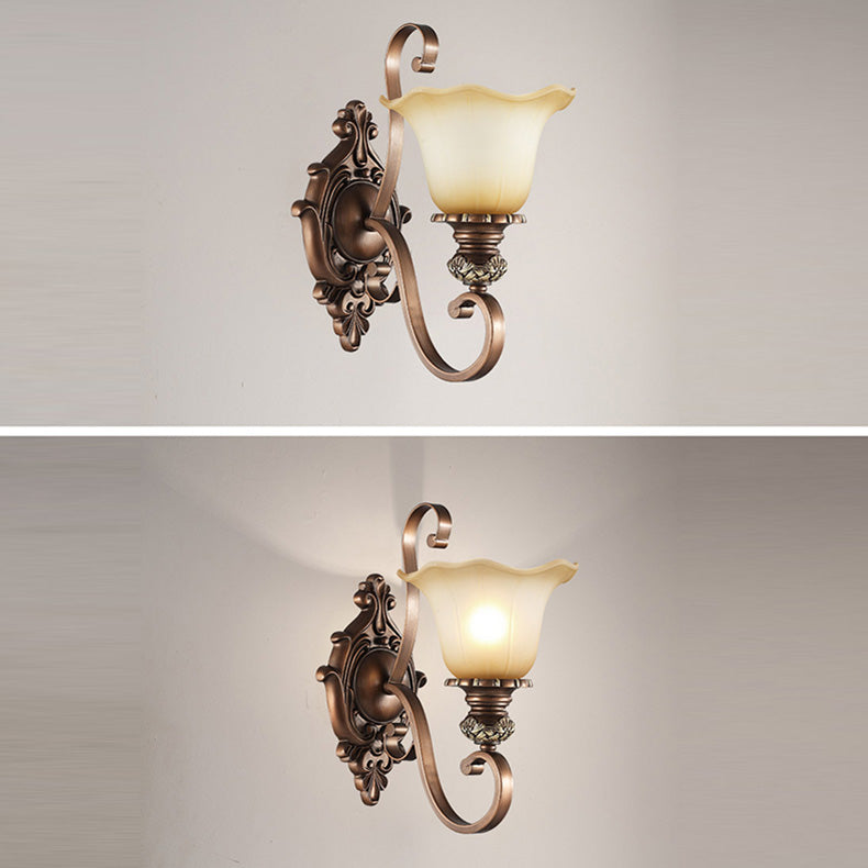 Traditional Rustic Frosted Glass Flower Shade Iron Resin 1/2 Light Wall Sconce Lamp For Bedroom