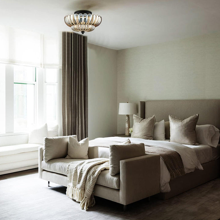 Contemporary Luxury Floral Glass Iron 3-Light Semi-Flush Mount Ceiling Light For Bedroom