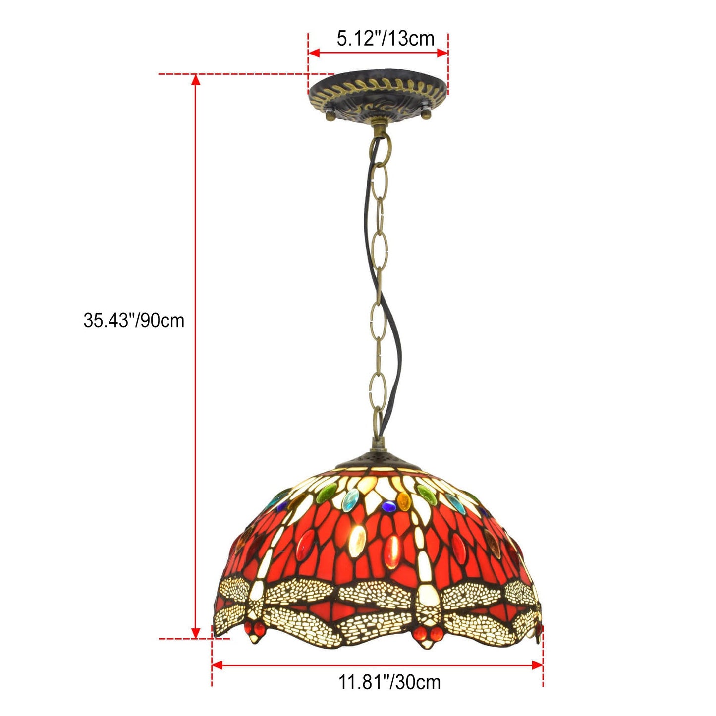 European Vintage Tiffany Red Dragonfly Iron Glass 1-Light Pendant Light