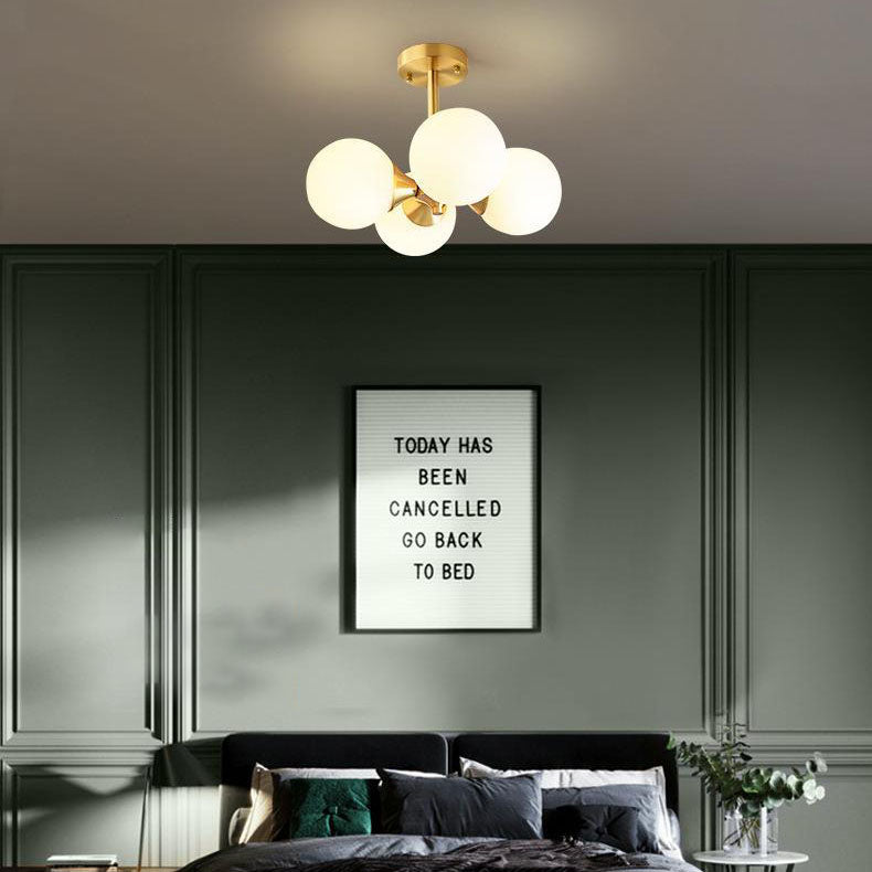 Modern Mid-Century Gold Finish Frame Glass Globe Ball 4-Light Chandelier For Living Room