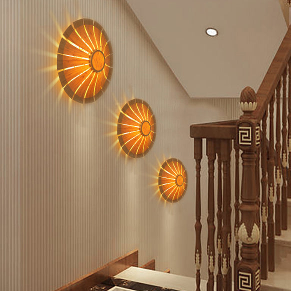 مصباح حائطي صيني تقليدي دائري مصنوع من الخيزران الصناعي مزود بإضاءة واحدة لغرفة النوم