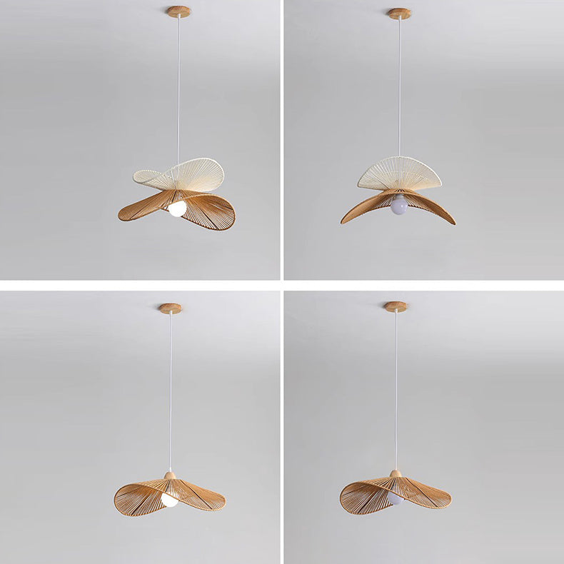 Traditional Vintage Wood Paper Rope Weaving Straw Hat Shape 1-Light Pendant Light For Living Room