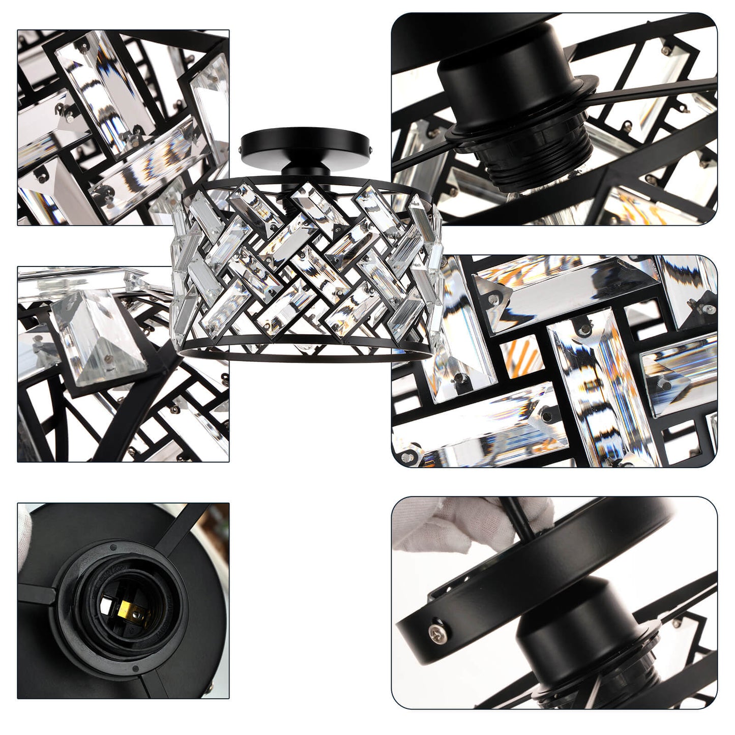 Modern Minimalist Round Metal Crystal 1-Light Semi-Flush Mount Ceiling Light For Living Room
