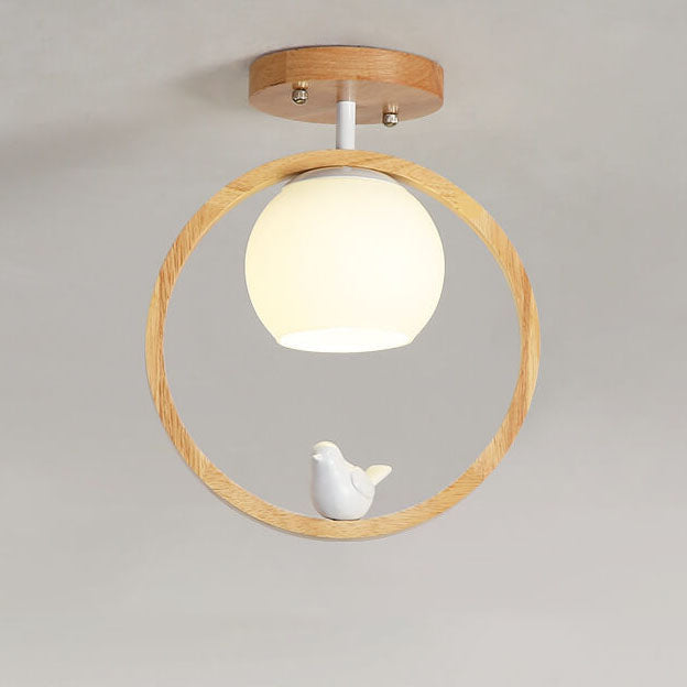 Modern Japanese Minimalist Log Bird Round 1-Light Semi-Flush Mount Ceiling Light
