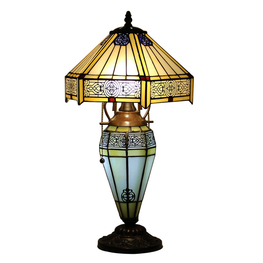 European Tiffany Stained Glass Hexagonal Dome Pull Cord 2-Light Table Lamp