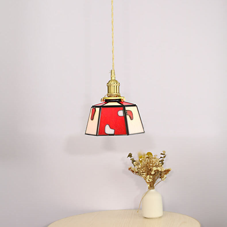 Vintage Stained Glass Geometric Cone Copper 1-Light Pendant Light