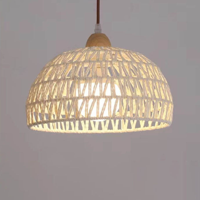 Contemporary Boho Wood Rattan Weaving Dome 1-Light Pendant Light For Dining Room