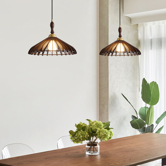Traditional Japanese Umbrella Ash Wood Copper 1-Light Pendant Light For Bedroom