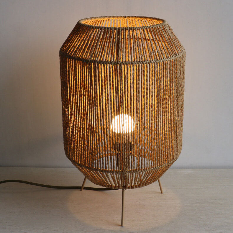 Traditional Rustic Hemp Rope Weaving Cage 1-Light Table Lamp For Study